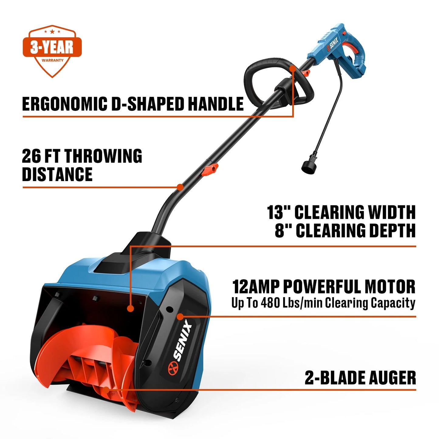 Corded Electric Snow Shovel, 13-Inch Width & 480 Lbs/Min Removal for Quick Cleanup Driveways, Steps & Sidewalks