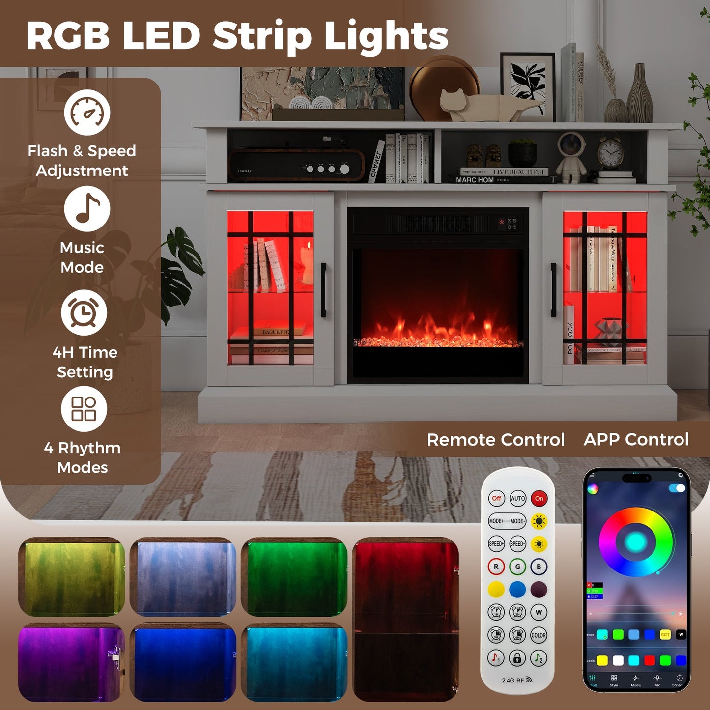 TV Stand with Electric Fireplace LED Lights and Remote Controls for TVs Up to 40 Inch-White